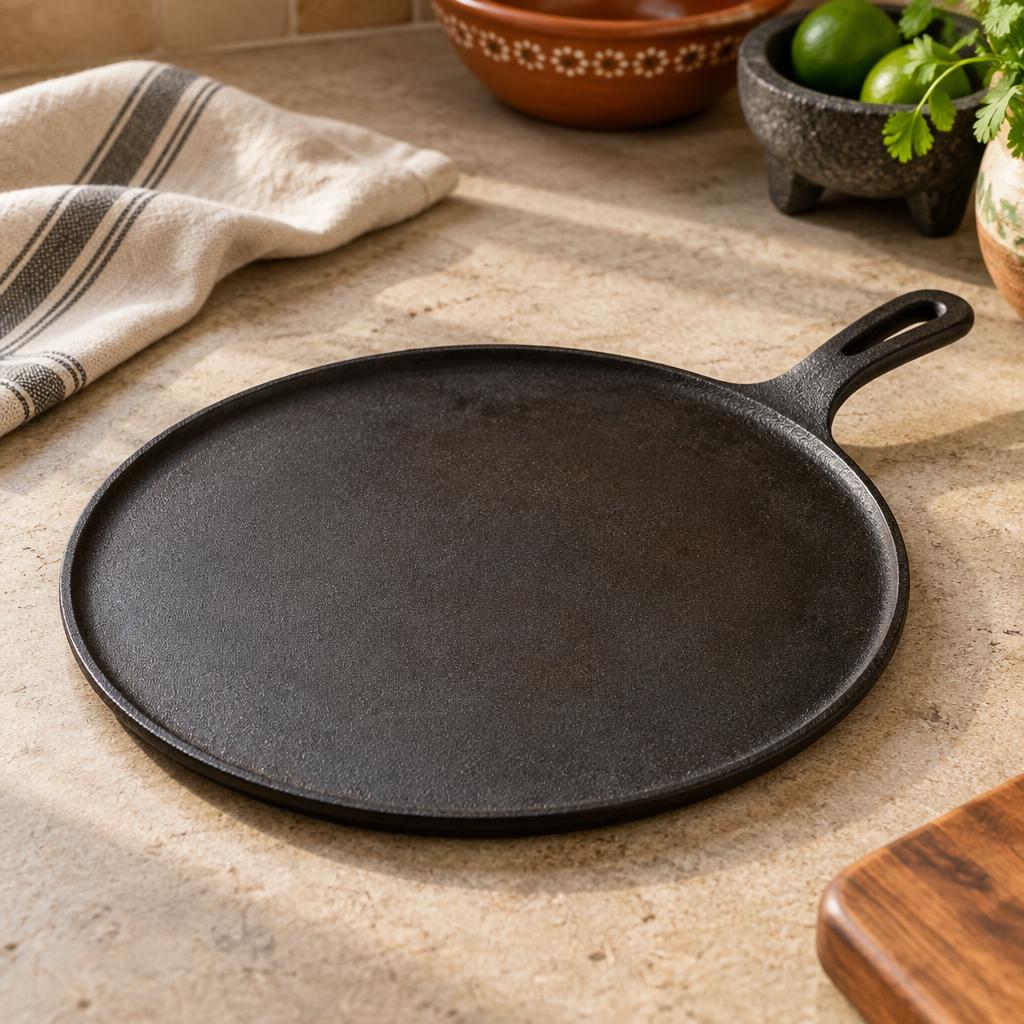Round black cast iron griddle on a kitchen counter