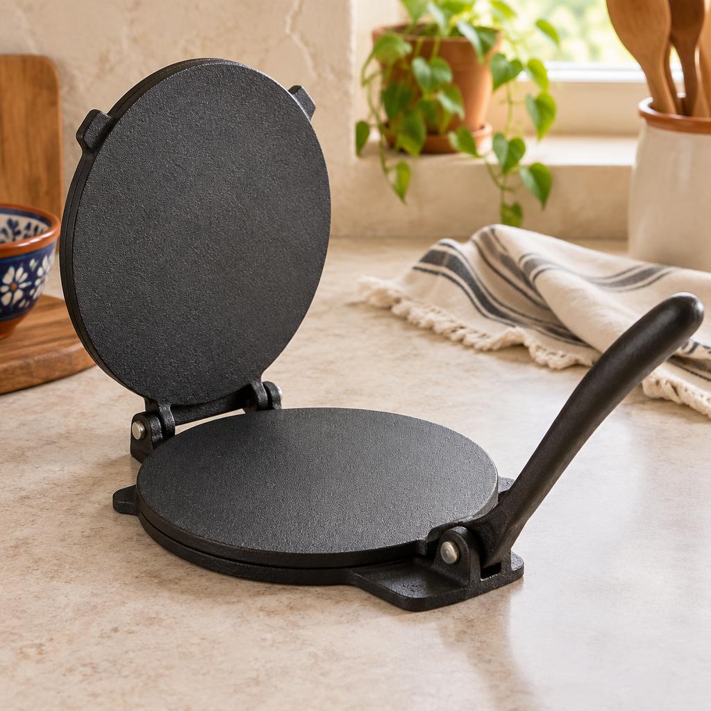 Open black cast iron tortilla press on a kitchen counter