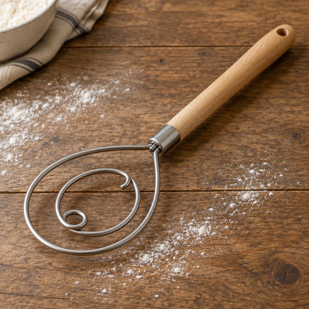 Danish dough whisk with wooden handle on a floured wooden table