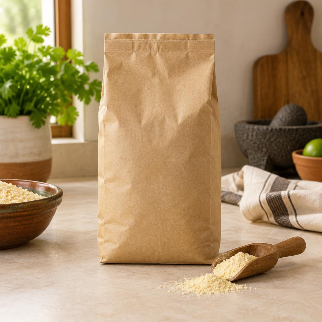 Bag of masa harina corn flour with a wooden scoop